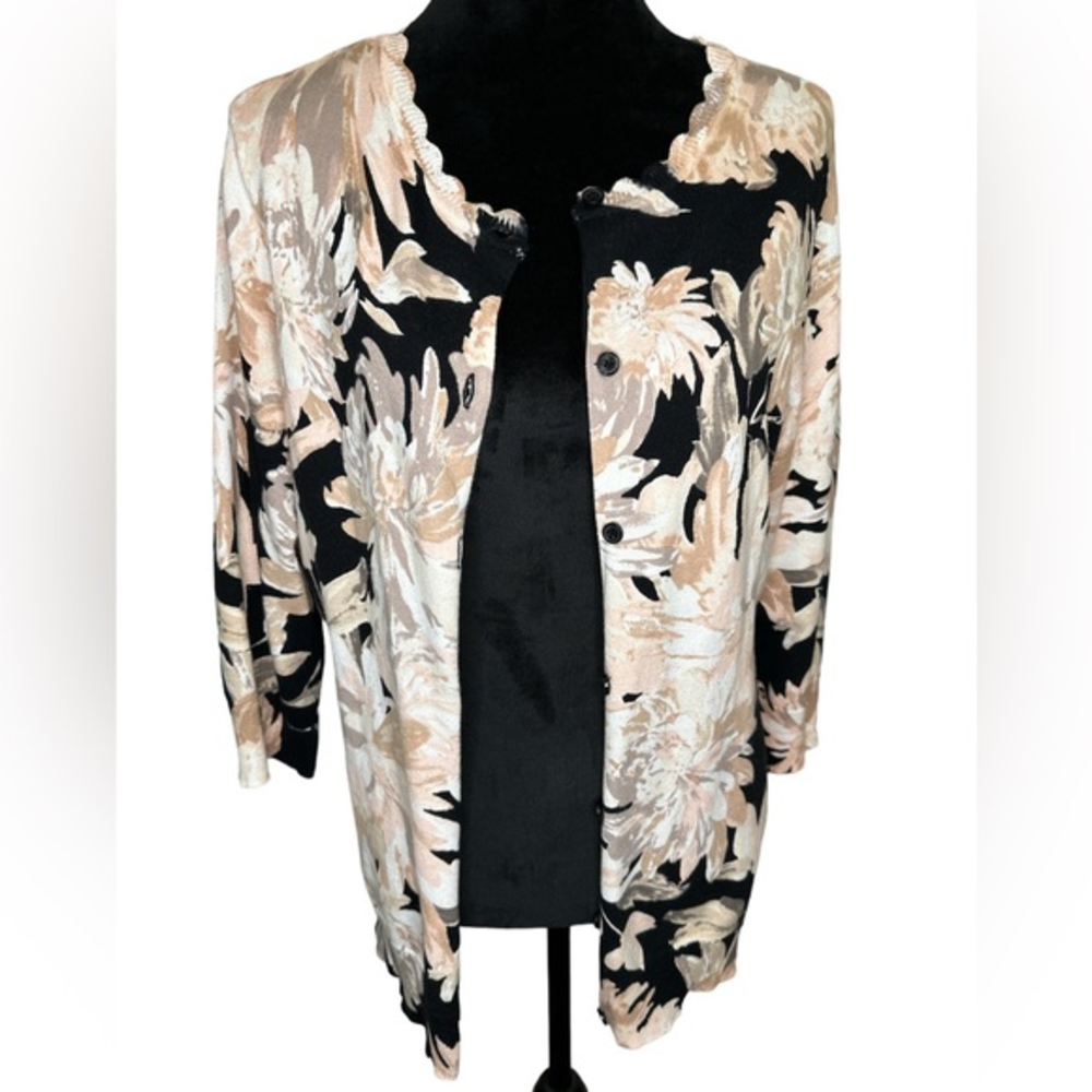 Isaac Mizrahi Live! Watercolor Floral Printed Cardigan Medium Brown/Black/Peach